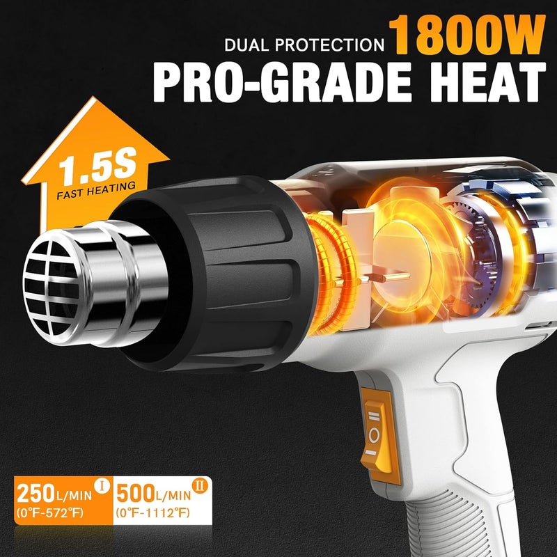 Batavia Heat Gun - Dual Protection Fuses 1800W Heavy Duty Fast Heat Hot Air Gun with 752℉&1112℉ Dual-Temperature Settings and 4 Nozzles with Overheat Protection for Crafts, Vinyl Wrap, Shrink Tubing - Image 3